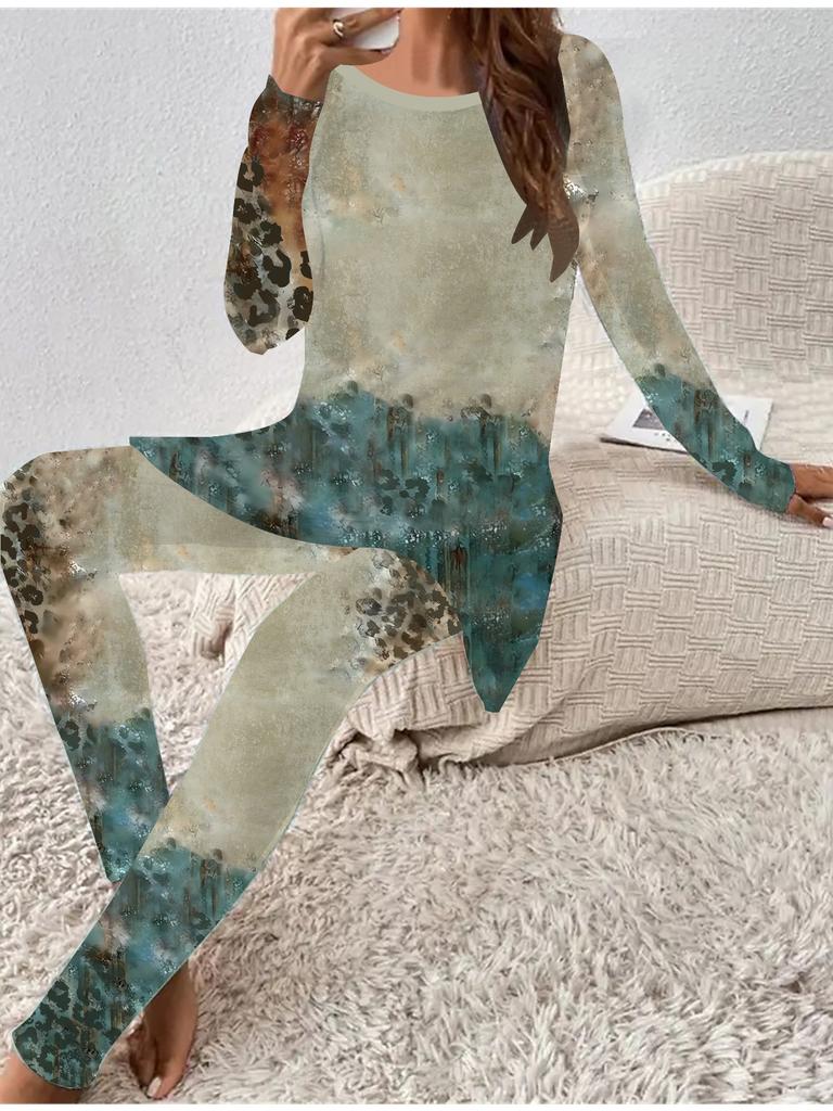 Euro-American Fashion 3D Leopard Print Women's  Four-season Long-sleeved T-shirt + Long Pants Two-piece Set. Perfect Gift