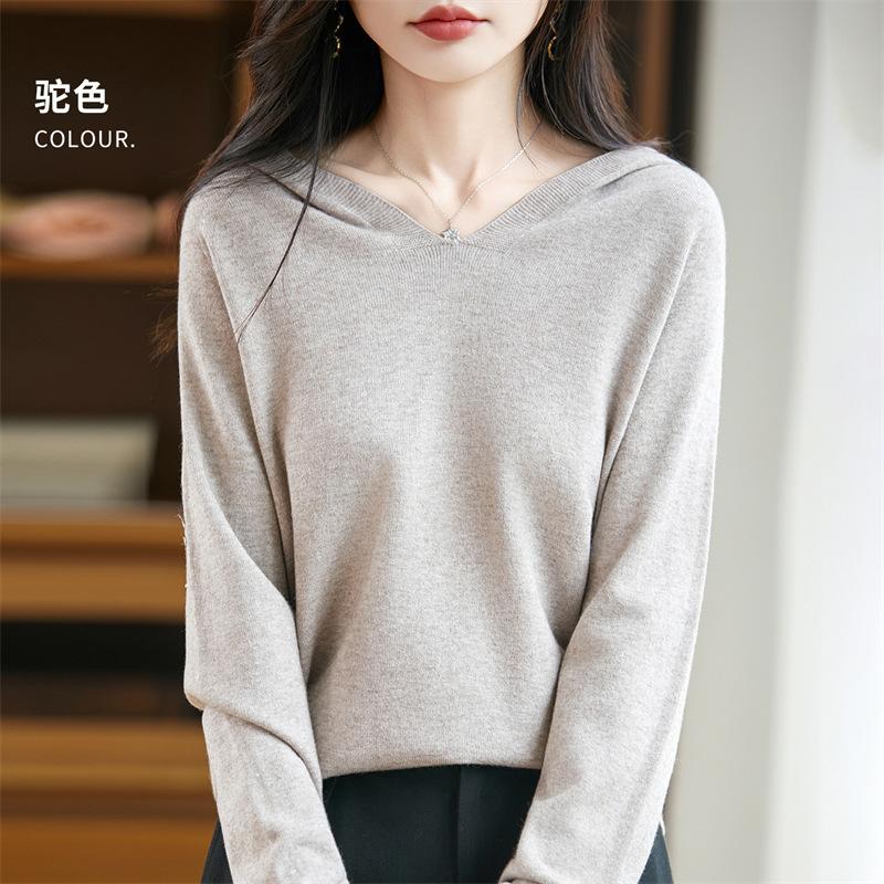 V-neck Hooded Knitted Sweater for Autumn and Winter Warm Hoodie Sweater for Women