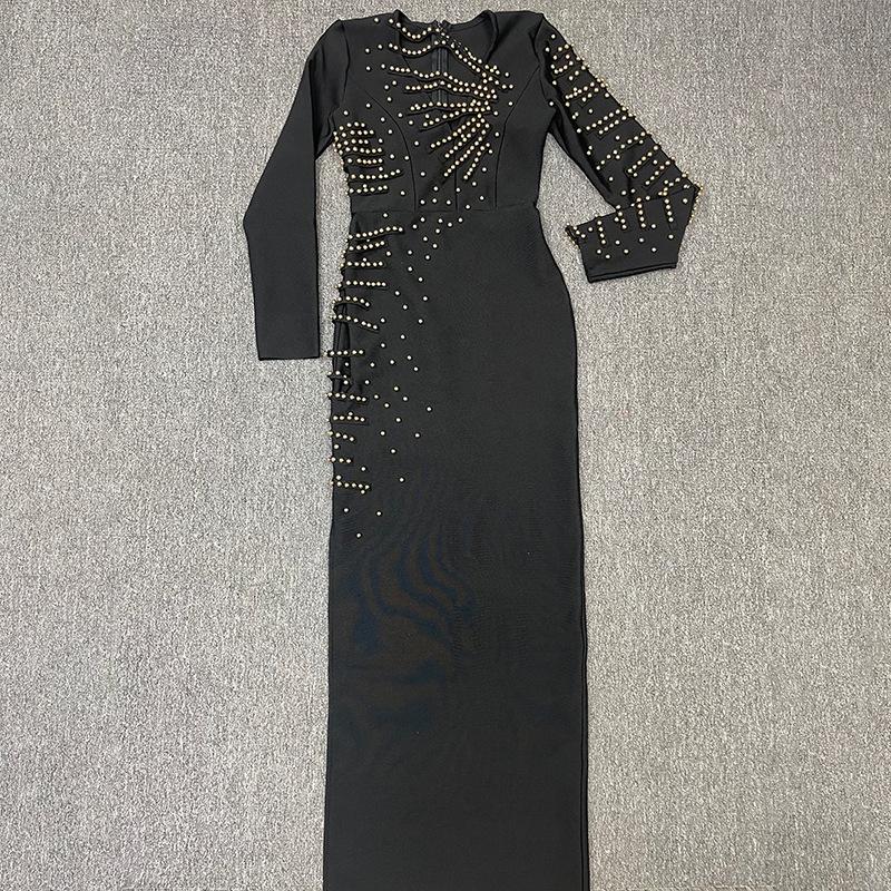 

Элегантное вечернее платье с V-образным вырезом, бисером и длинными рукавами XL чёрный