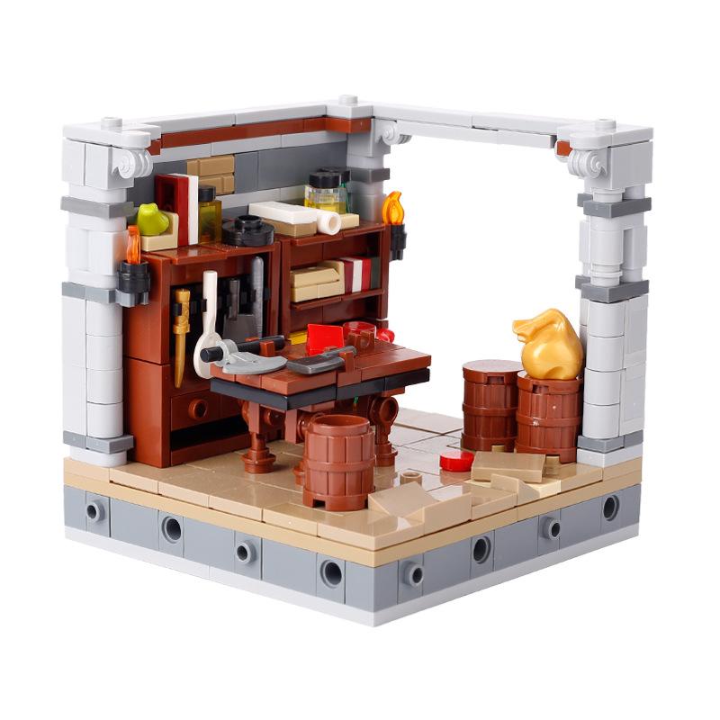 MOC Medieval Furniture Pharmacist Wine Barrel Bar Scrolls Cabinet Building Blocks Piano Bookshelf Paper Map Bedrooms Bricks Toys