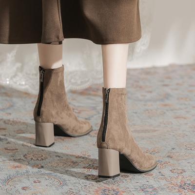 French Suede Thick Heel Short Boots Women's 2025 New Rear Zipper Square Head Thin Boots Daily Wear High Heel Women's Boots