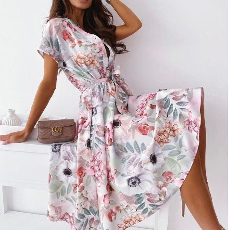 

European Station Large Flower Short-Sleeved Dress with Belt Shirt Pink Flower 2XL