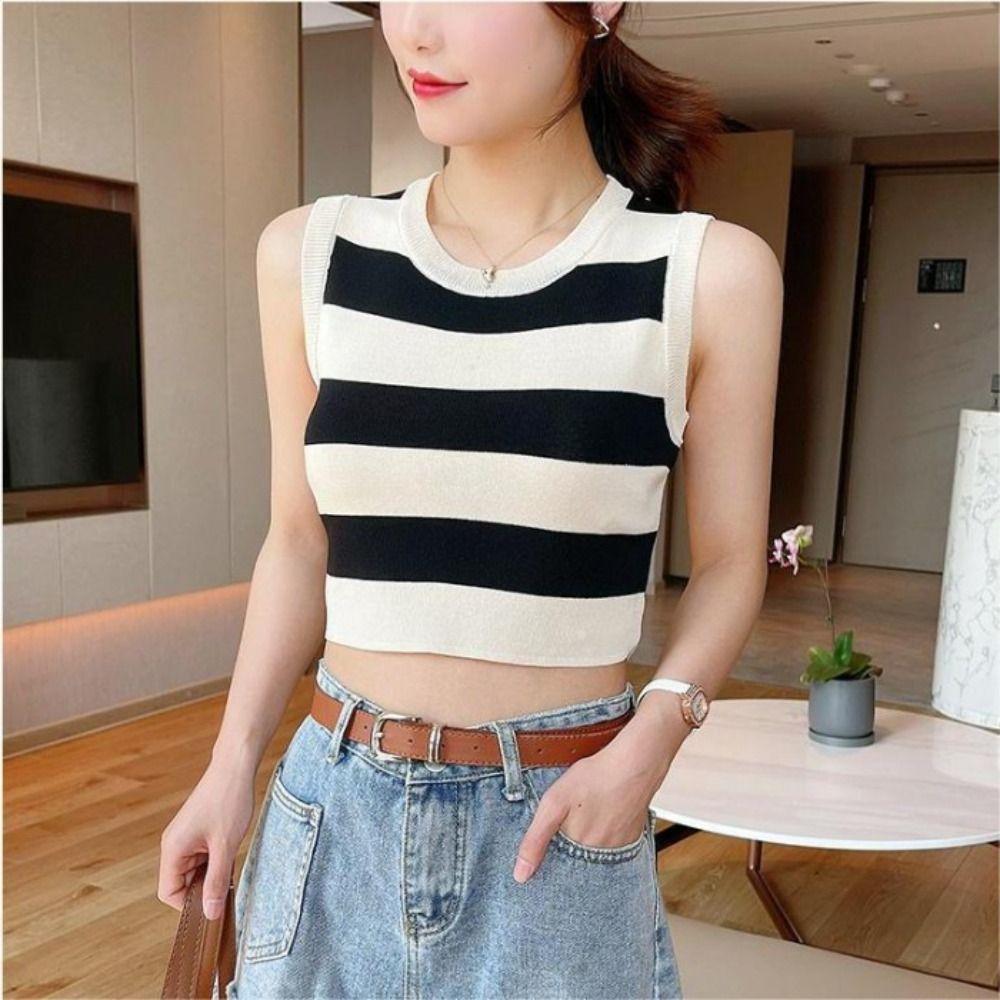 1PC Armpit Knitted Crop Top Round Neck Plaid Pattern Summer Fashion For Women Waistcoat