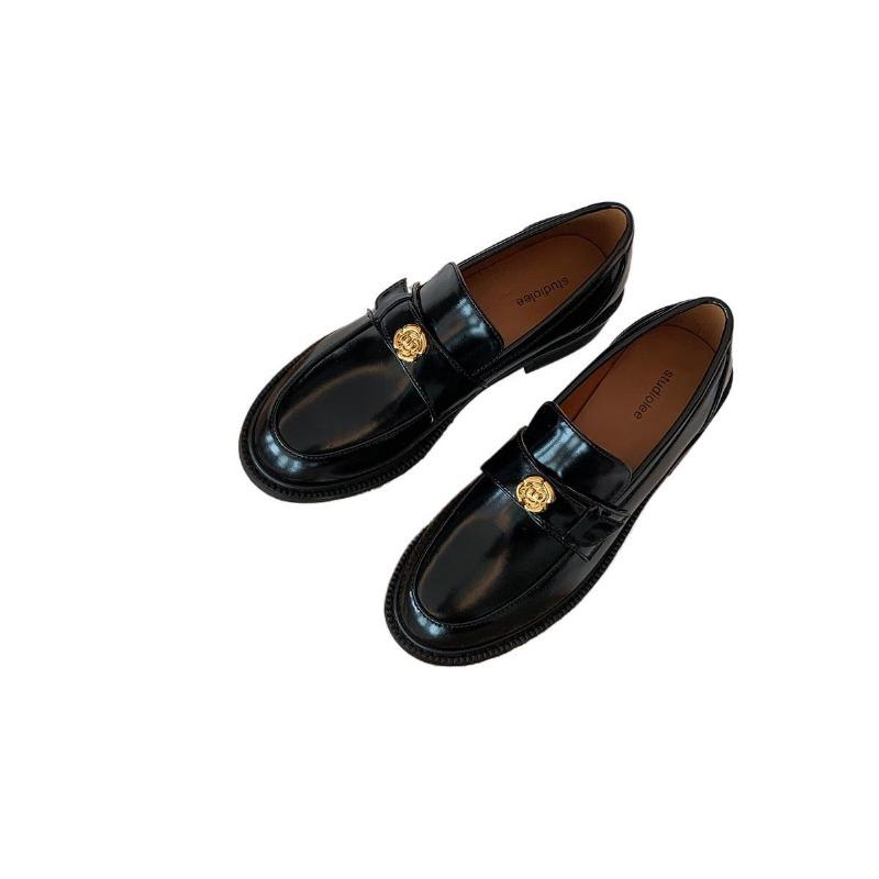 Sheepskin~ thick-soled small leather shoes women's camellia one-pedal genuine leather British retro thick heel lazy single shoes