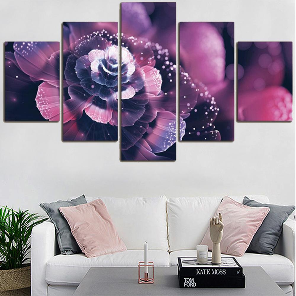 5 Pieces Wall Art Canvas Painting Purple Flower Poster Modern Living Room Bedroom For Modular Pictures Decoration Home