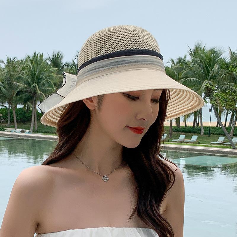 Summer ladies organza flower knitted head big edge beach hat outdoor shading sun protection travel fisherman hat tide
