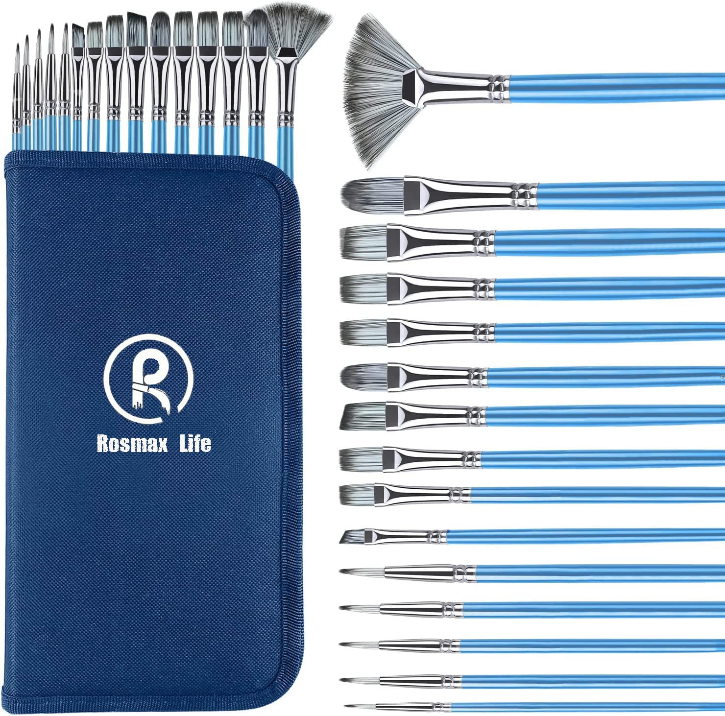 

Rosmax Artist Paint Brush Set 15 Different Sizes Acrylic Oil Kits Nylon Gift for Adults Kids Free Painting Knife and Watercolor [Upgraded] -