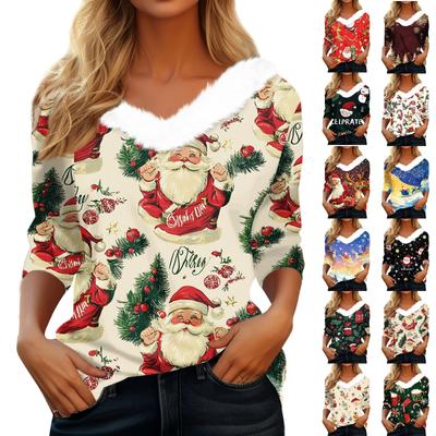 Women's Fashion Long Sleeve Christmas Print Party  Collar V-Neck Top
