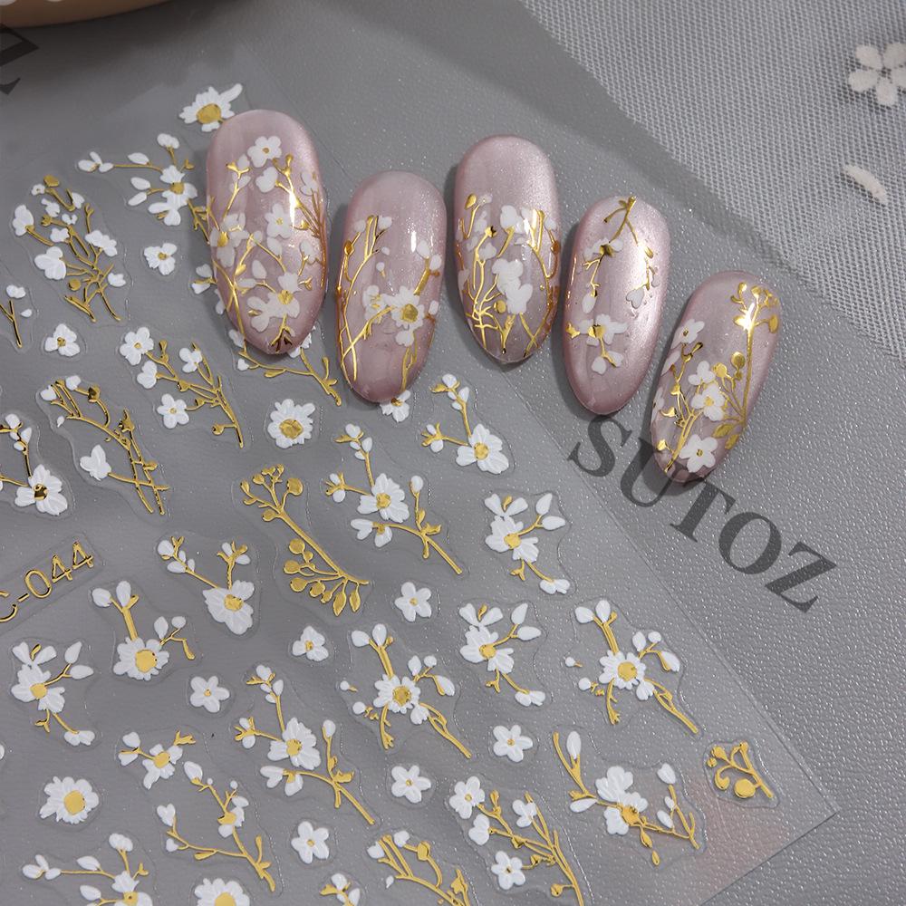 2026 Gold Foil Spring Floral Nail Art Stickers - Small White Flowers & Plant Branches