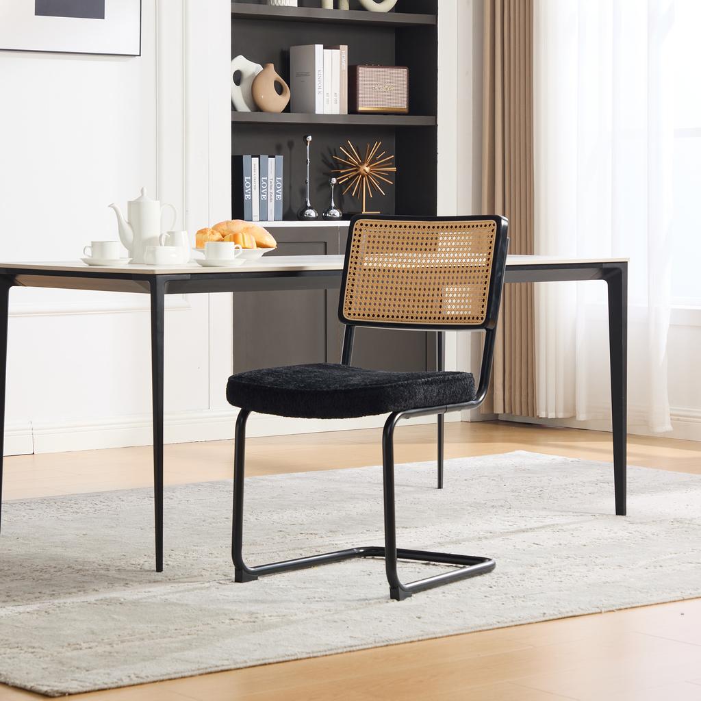Modern Rattan Dining Chair with Black Metal Frame, Synthetic Cane Back & Chenille Seat Cushion for Kitchen, Living Room, Bedroom-Black