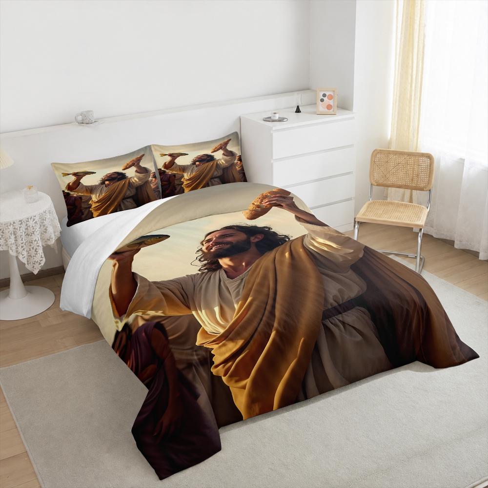 Jesus Blessing Bread and Fish Bedding set (1 duvet cover, 2 pillowcases, duvet not included) for Dining Room Kitchen Decor, Golden Religious Art Print