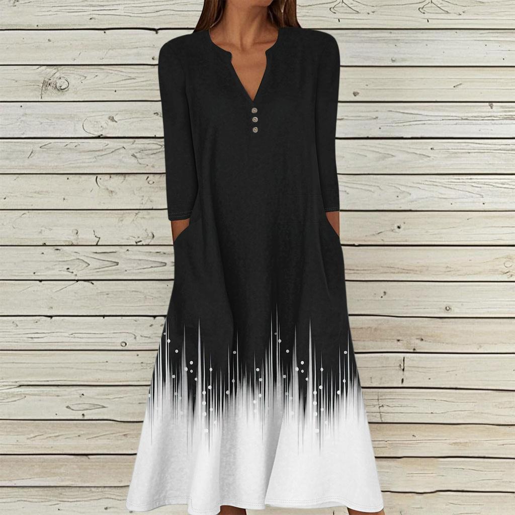 Damen Sommer Freizeit V-Ausschnitt Knopf Retro Geometrischer Druck Dreiviertelarm Langes Kleid mit Taschen