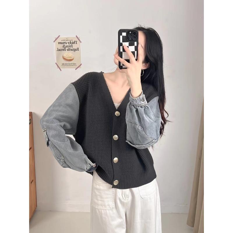 Splicing Denim Knitted Cardigan 2025 Autumn and Winter New Korean Version Loose Casual Versatile V-neck Sweater Jacket Women