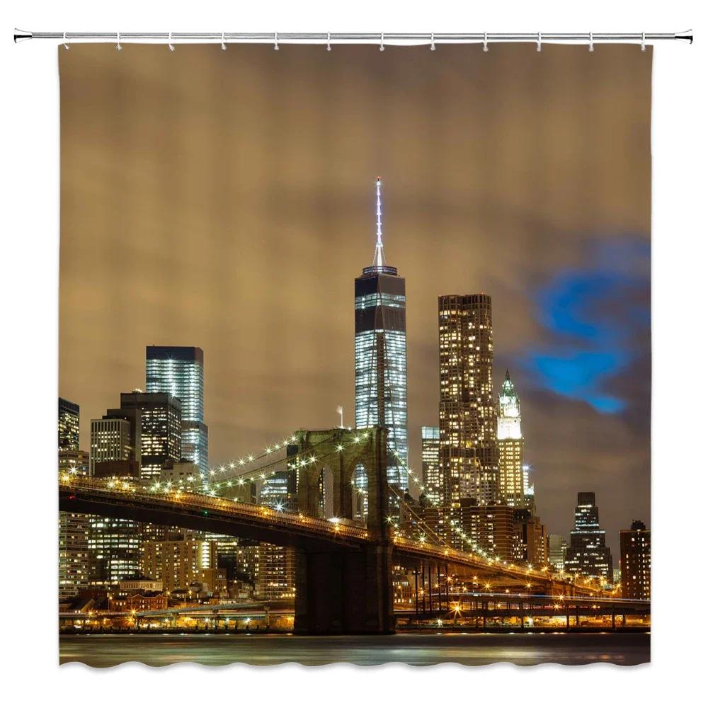 Zasłona prysznicowa Pejzaż nocny Nowego Jorku Miasto Most Budynek Zasłony do kąpieli 3D Retro Czarno-białe zdjęcie Dekoracje łazienkowe Zasłona