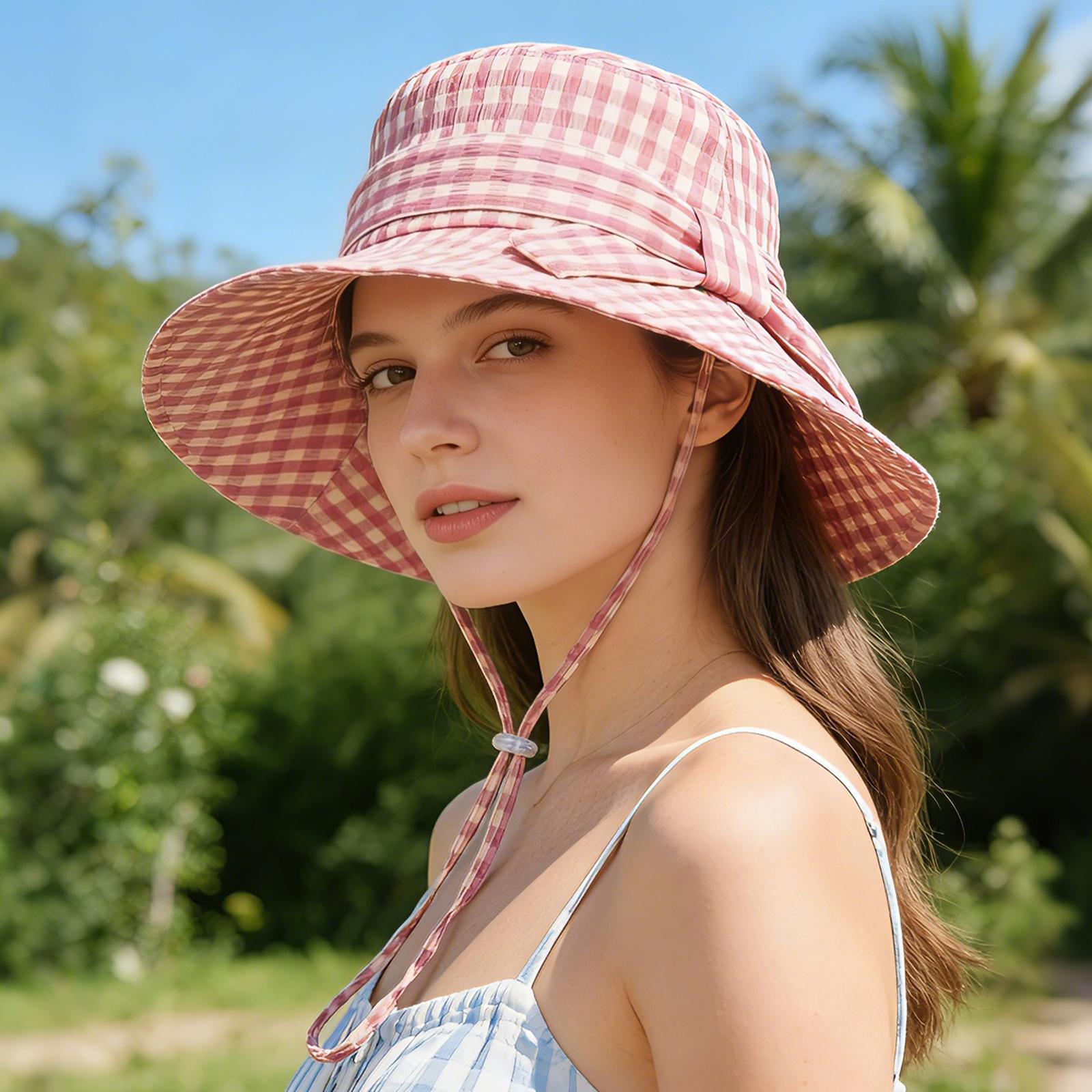 

2026 New Ladies Sunscreen Bucket Hat Bow Plaid UV Protection Foldable Cap 55-58cm рожевий