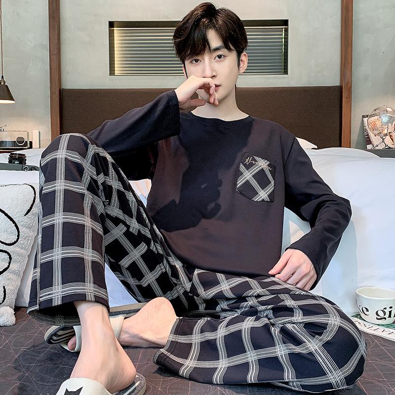 Herren 2-teiliger Pyjama Herren Frühjahrs- und Herbstmodelle aus Baumwolle Langarmhose Jungen Freizeit-Hausanzug