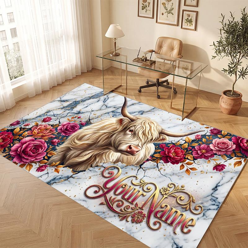 Highland Cow Theme Soft Crystal Velvet Rug Custom Name & Text Print Non Slip Floor Rug for Bedroom Living Room