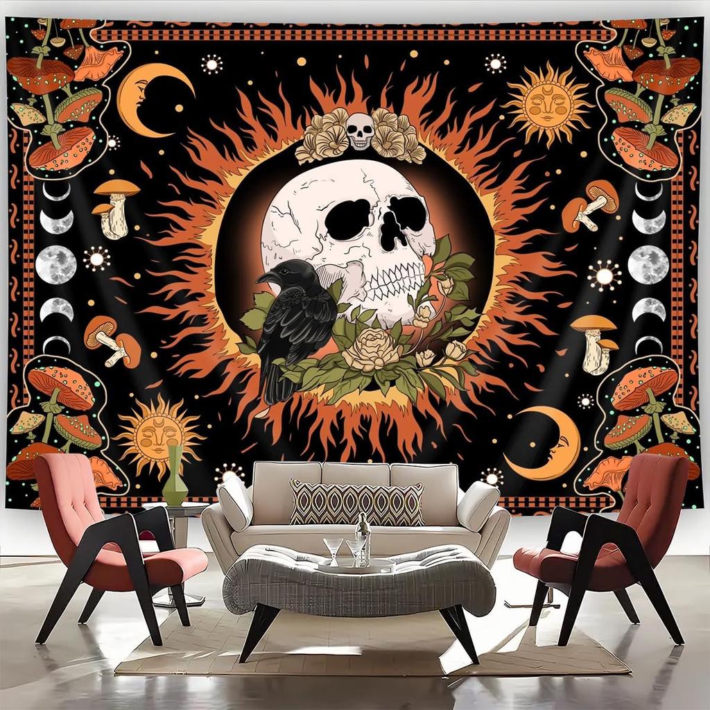 Cartoon Skull Floral Tapestry, Mushroom Leaves Skeleton Goth Garden Aesthetic Tapestries For Bedroom Game Room College