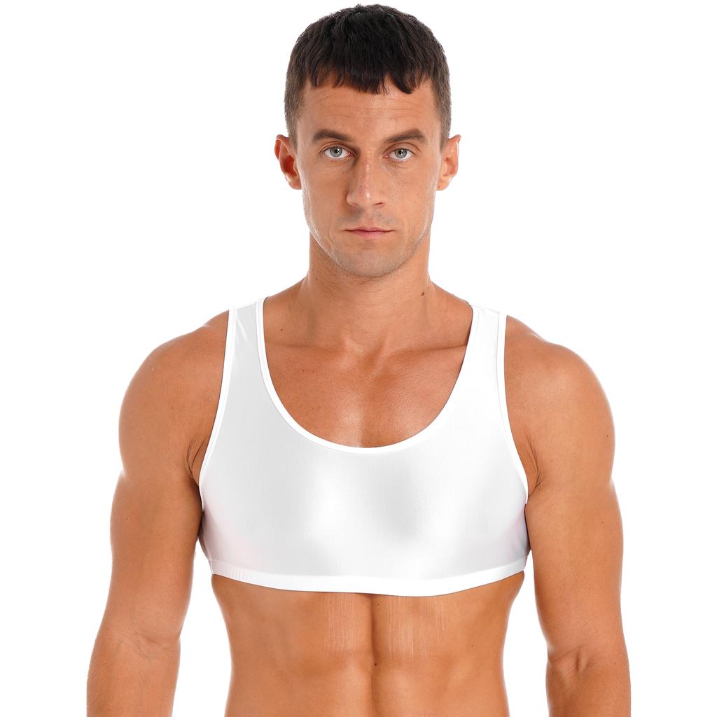 Mens Glossy Vest Cropped Tank Top Sleeveless Design Round Neck Solid Color Swimwear Nightwear Tops