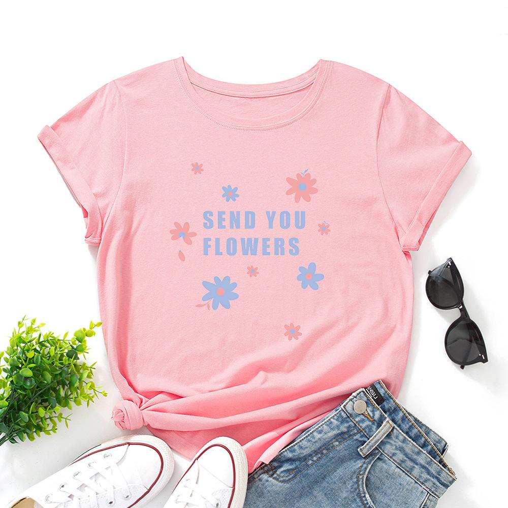 Send You Flowers Cotton T-Shirt Short Sleeve Round Neck Women 2d Print Tops