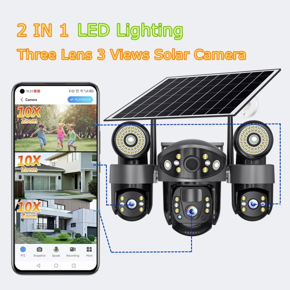 Outdoor Solar Dual-Light Surveillance Camera – 3-Lens 3-View Recorder, HD Night Vision with Lighting