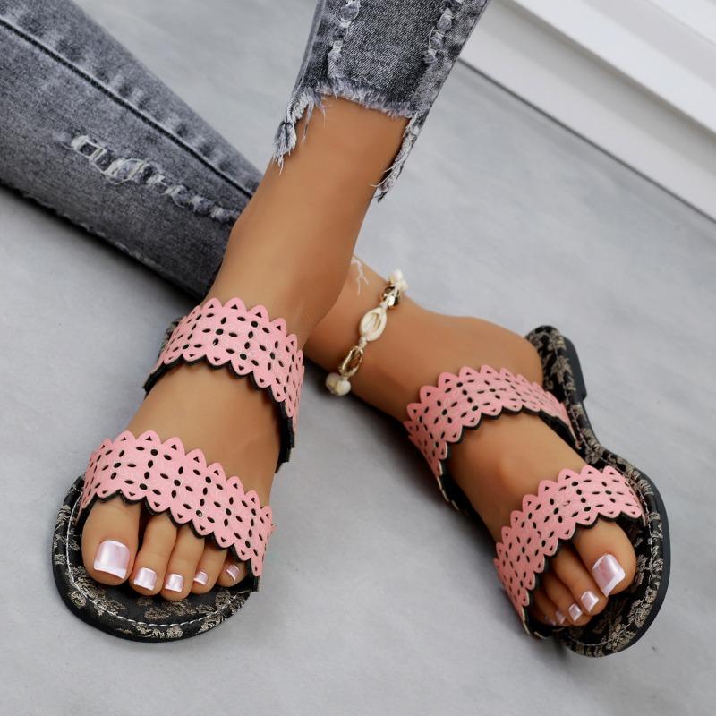 Summer Outer Wear One Word Flip Flops Printed Hollow Out Fashion Lightweight Casual Sandal Flops