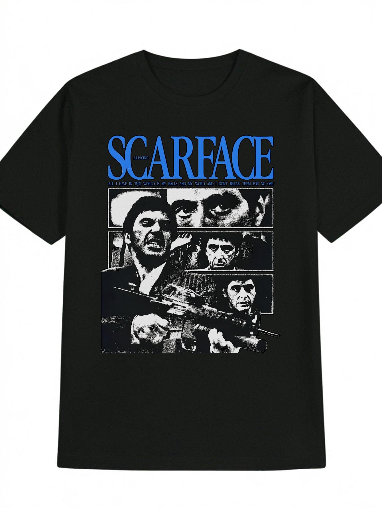 Casual Round Neck T-shirt with  SCARFACE ALL I HAVE IN THIS WORLD IS MY BALLS AND MY WORD AND I DON T BREAK THEM for NO ONE  Graphic Print - Black L