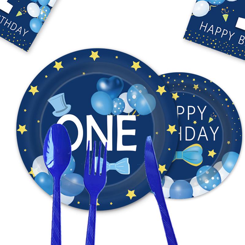 Boy Blue First Birthday Party Tableware Disposable Paper Plates Paper Cups Paper Towels Party Supplies Set