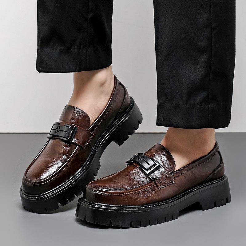 20252025 Muffin heel platform shoes men's metal buckle one-pedal loafers men's large-size small leather shoes