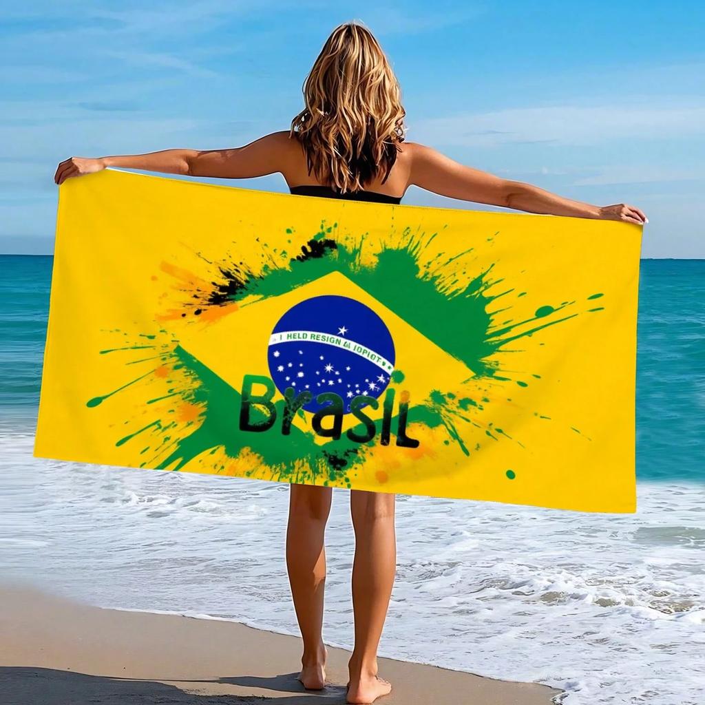 1 Stück Brasilien Flagge Fußball Strandtuch, Polyester Schnelltrocknend Leichtes Handtuch, Weiches Saugfähiges Badetuch für Fußballfan Geschenk, Str