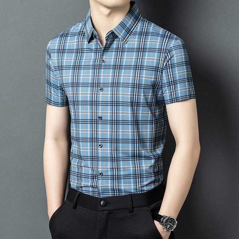 Striped Men's Short Sleeve Shirt Summer New Digital Printing Lapel Plaid Shirt Casual High Elastic Half Sleeve Top