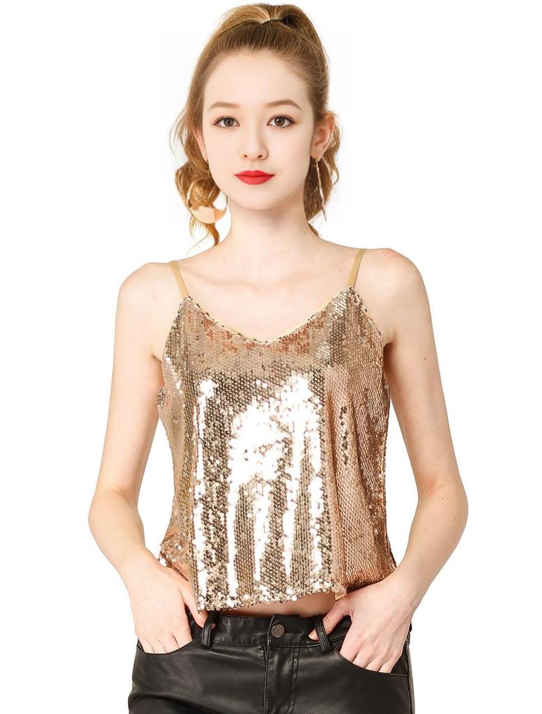Allegra K Sequin Camisole Sleeveless Christmas Shiny Tank Top Metallic Rose Gold L Women's