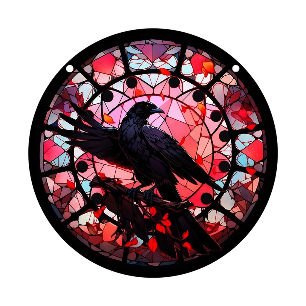 Raven Stained Glass Suncatcher Window Hanging Decoration Halloween Gothic Crow Glass Ornament for Window Home Kitchen