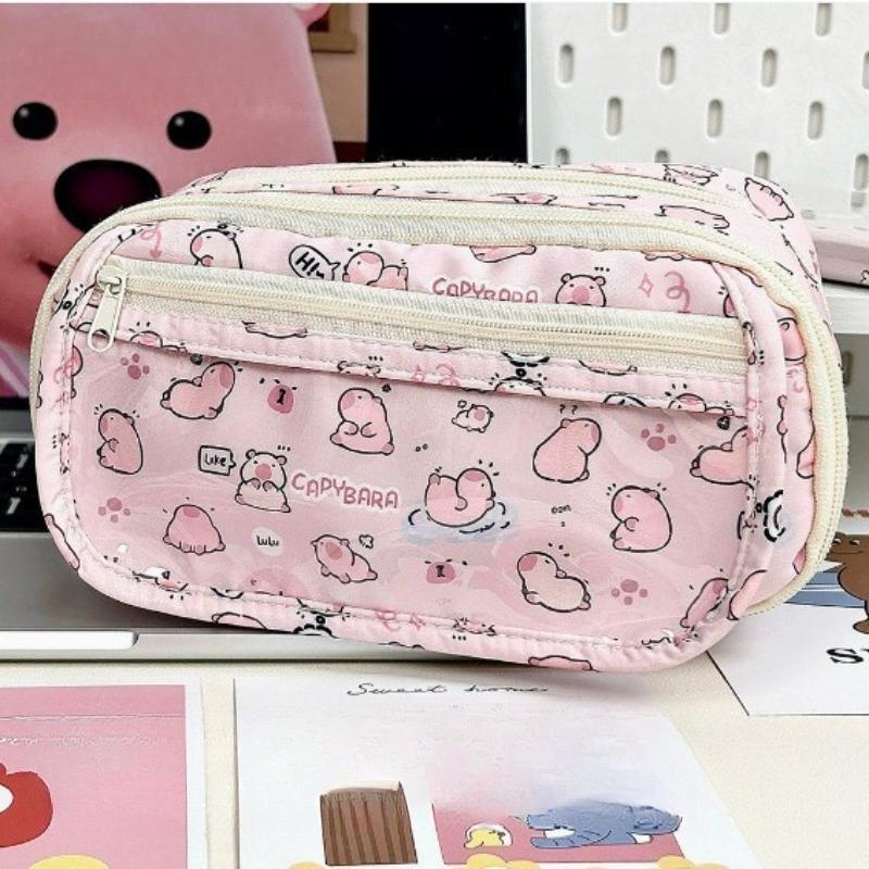 Pencil Bag Capybara Pink Transparent Large Capacity Cute Stylish Storage Pouch Student Portable Stationery Organizer