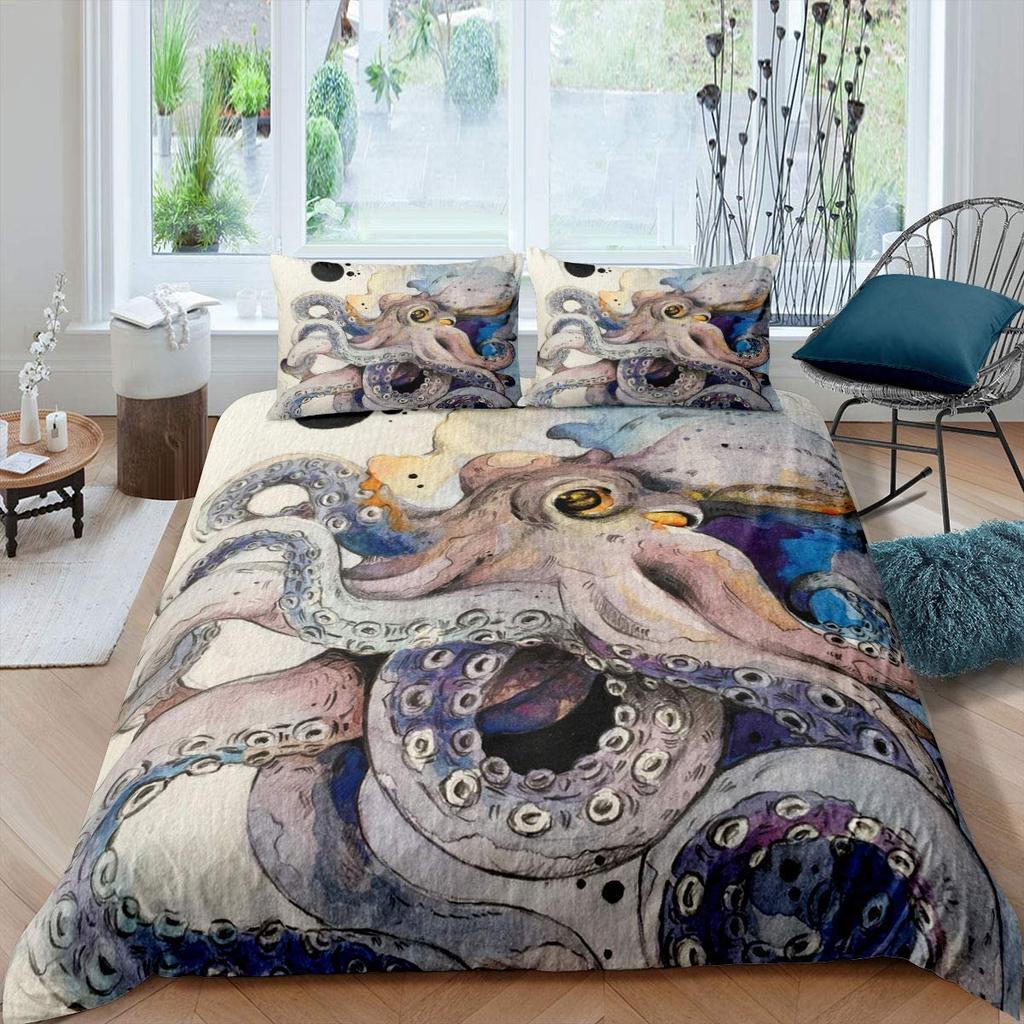 Oktopus Bettbezug-Set, Cartoon Oktopus Tentakel Polyester Bettdeckenbezug Einzelgröße, Meer Marine Bettwäsche-Set für Kind Jungen Mädchen