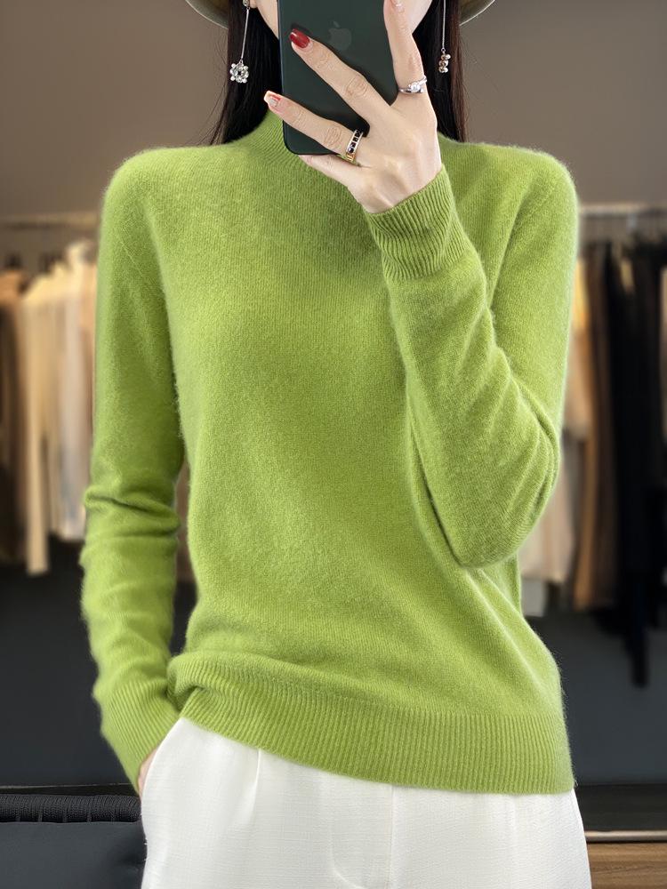 Women's Half-High Neck Wool Sweater Pullover - Loose Fit, Autumn/Winter Knitwear