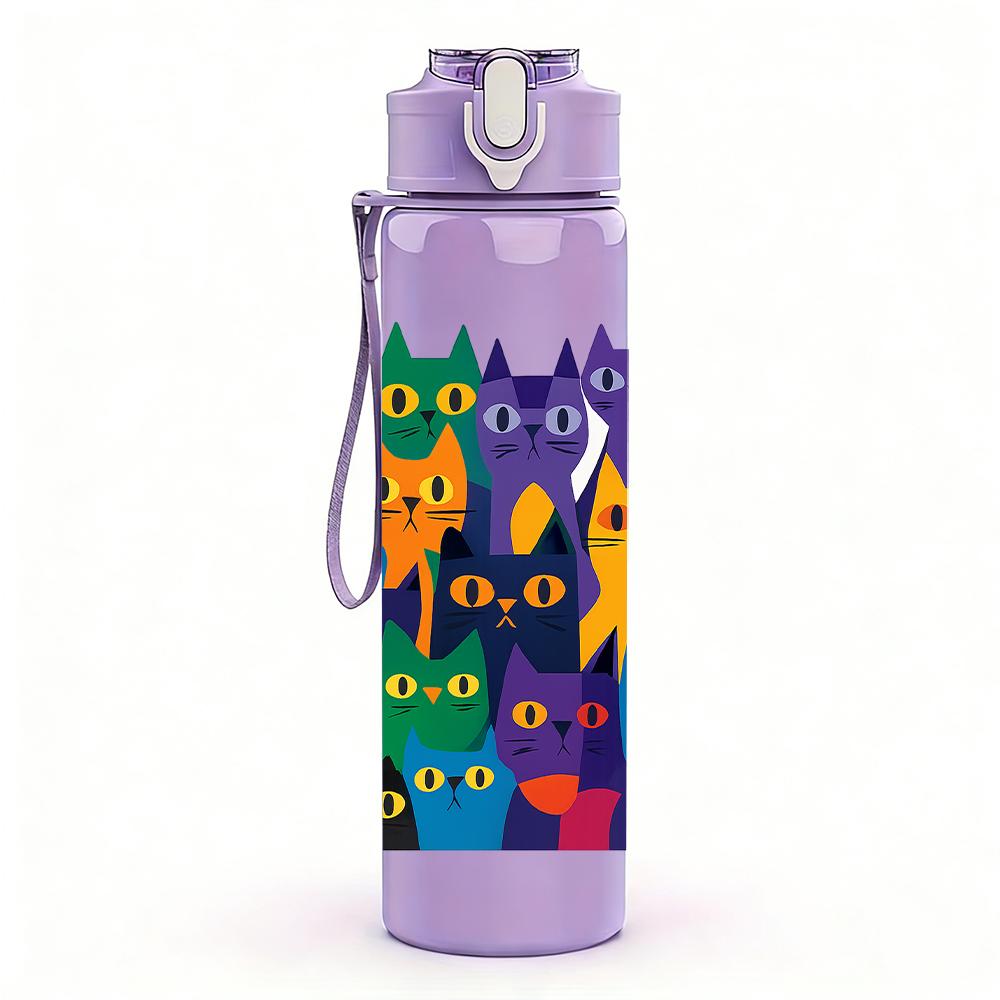 1PC Multi Color Cat Group Collage 750ml Color Plastic Sports Water Bottle Leakproof Flip Straw Lid For Sports Office Home Use