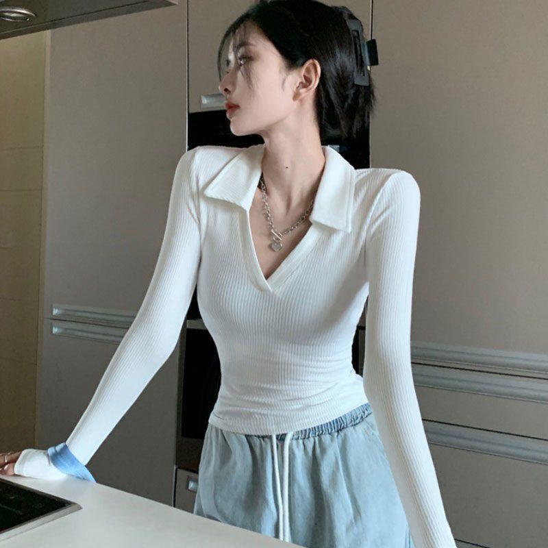 Spicy Girl Slimming Long Sleeve Polo Shirt – Pure Desire Style Fashionable Spring/Summer Top for Women