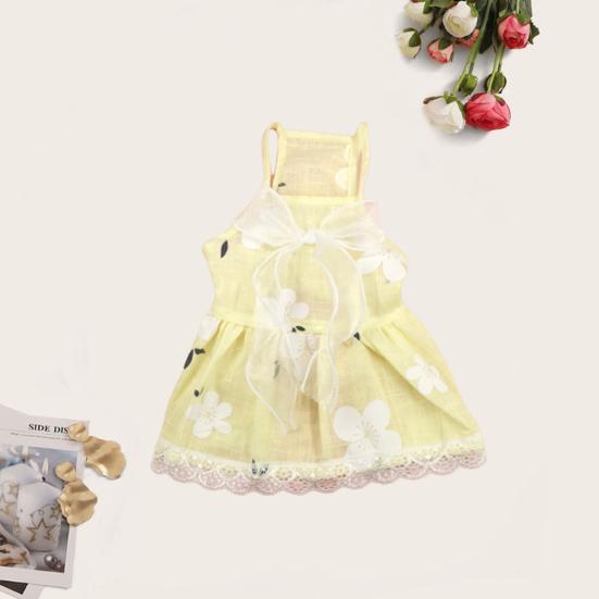 Kleid für Hunde und Katzen, großer Blumendruck am Saum, Spitze, atmungsaktiv, ärmellos, plissiert, Prinzessinnen-Stil, Schlingenkleid, Haustierkleidung