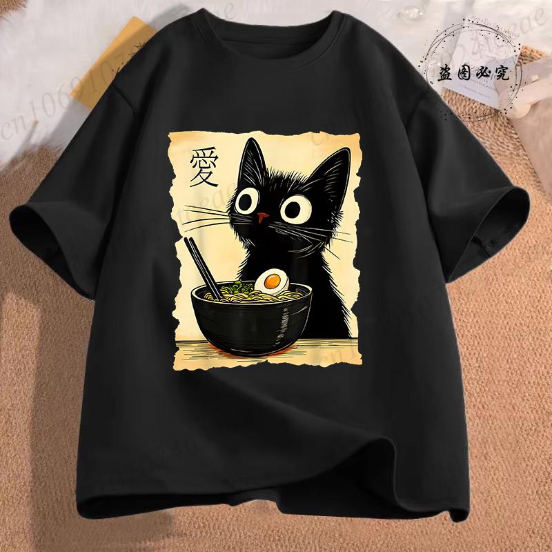 Japanese Kawaii Anime Cat TShirt Funny Cat Ramen Graphic Tee Fashion Tshirts Short Sleeve Clothes Trend Casual Unisex Tshirts