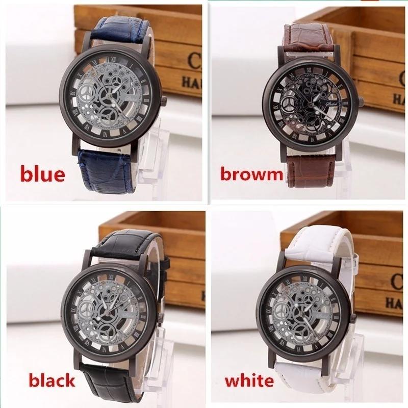Módní Business Skeleton Hodinky Pánské Gravírování Duté Reloj Hombre Společenské Křemenné Náramkové Hodinky Kožený Řemínek Dámské Hodinky
