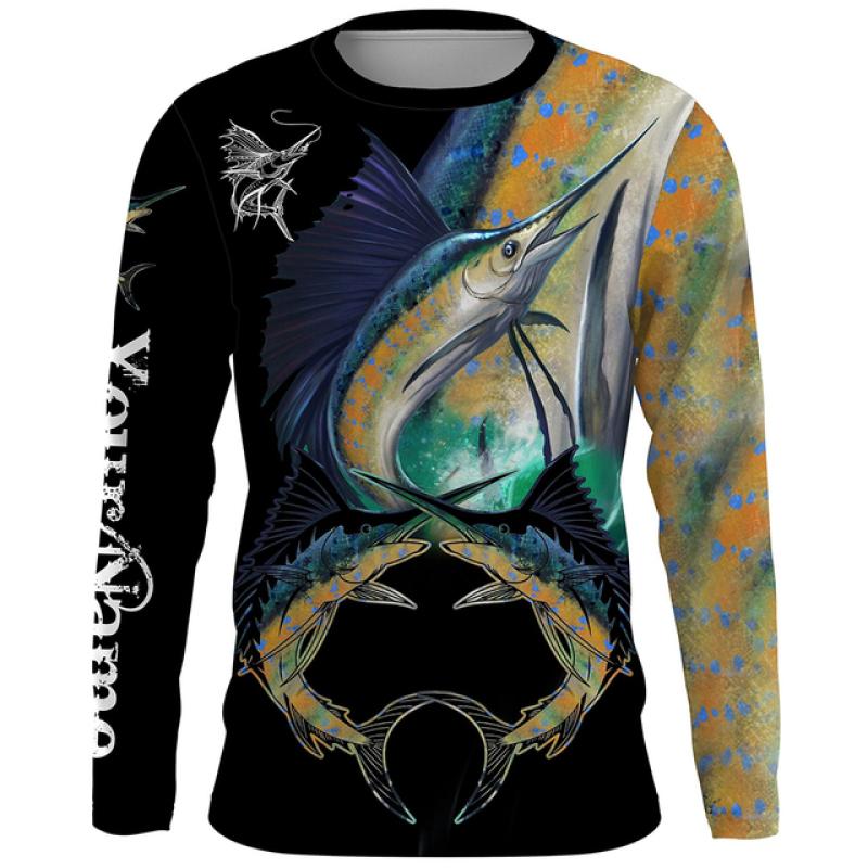 Men's Outdoor Fishing T-shirt, Long Sleeved Shirt, 3D Underwater Fish Pattern, Casual and Fashionable, Round Neck