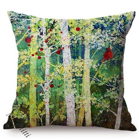 Spring Colorful Home Decoration Cushion Cover Cardinal Bird Style Water Color Art Cotton Linen Square Sofa Throw Pillow Case