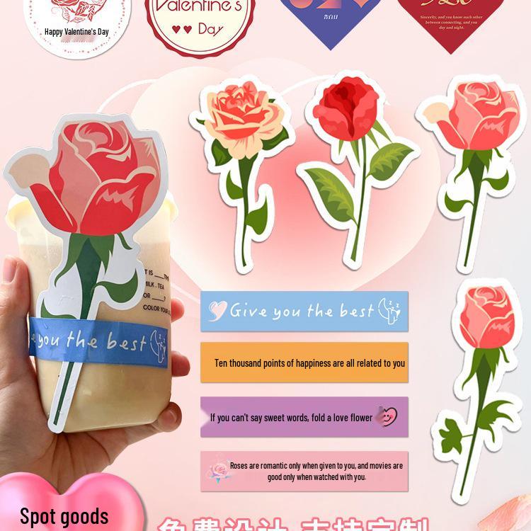 

520 Rose Milk Tea Cup Stickers for Women s Day and Qixi Festival, Self-Adhesive & Stylish Design Love Quote Stickers [48 pieces]
