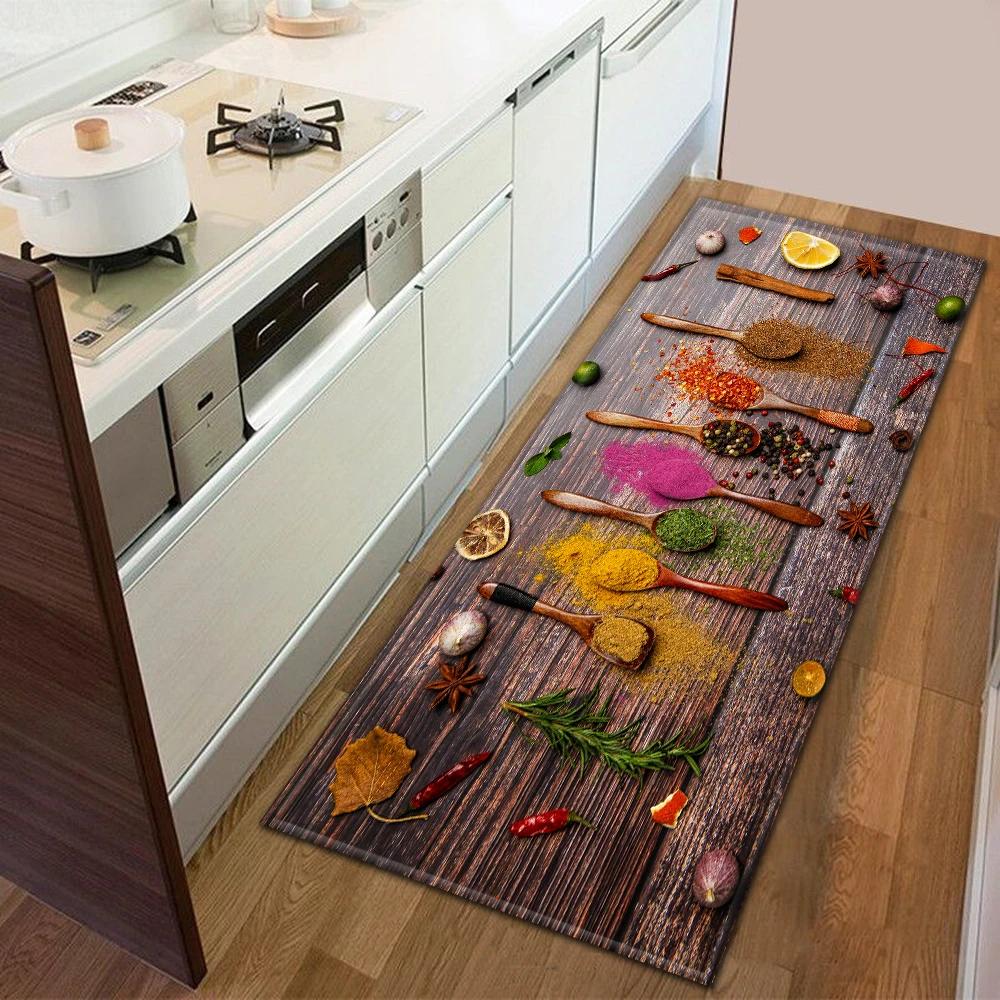 Kitchen Theme Food Pattern Long Runner Mat Anti Slip Oil Proof Waterproof Soft Durable Home Decoration Carpet for Cooking Area
