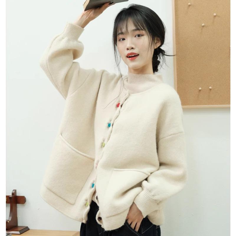 Dimanaf Plus Size Autumn Women Solid Buttons Sweaters Jacket Knitting Fashion Oversize Casual Style Loose Cardigan Sweater