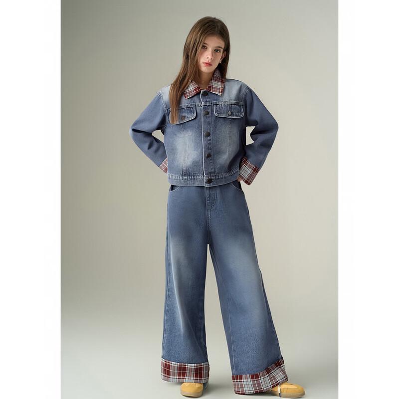 Mengtejiao Kids  Plaid Patchwork Denim Set 130