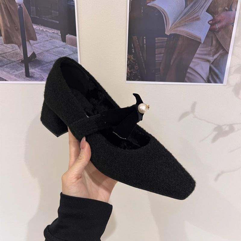 Mao Mao shoes women wear small fragrant woolen thick heel square head Mary Jane shoes feel retro gray velvet single shoes