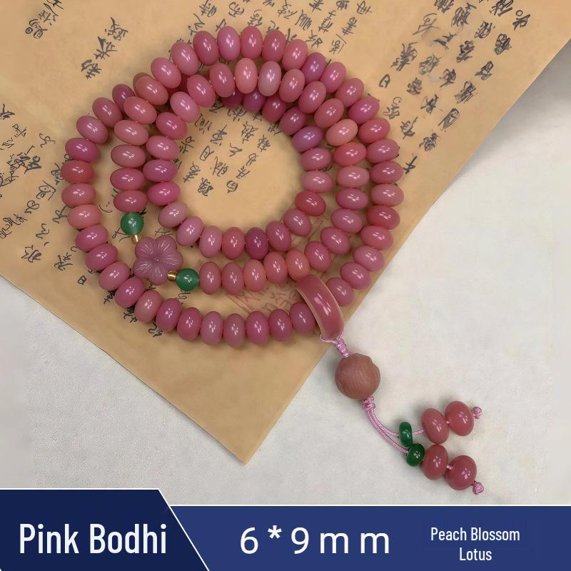 Zen Style Bodhi Root Bracelet with Lotus Pendant for Women, 108 Pink Beads