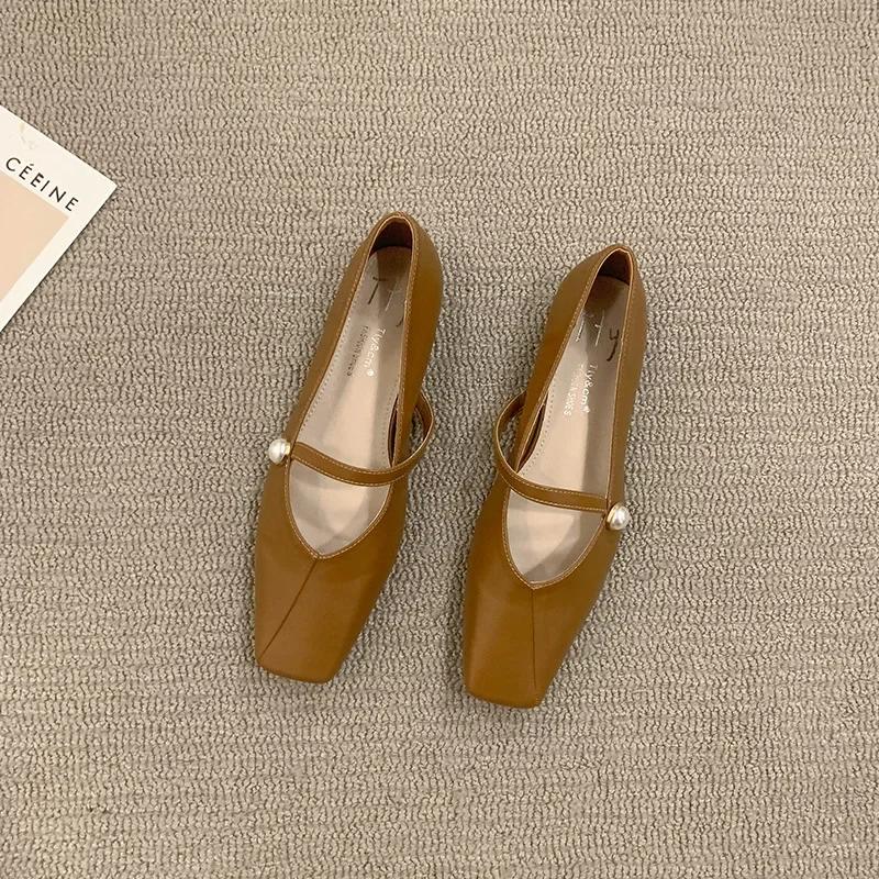 

Женские туфли на плоской подошве 2025 Осень Новые Плоская подошва Жемчуг Квадратный носок Удобные Банкетный дизайн Мэри Джейн Женская обувь Zapatos Mujer 40 хаки